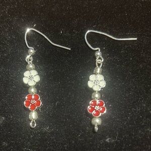 Winter White and Red Floral Silver Drop Earrings